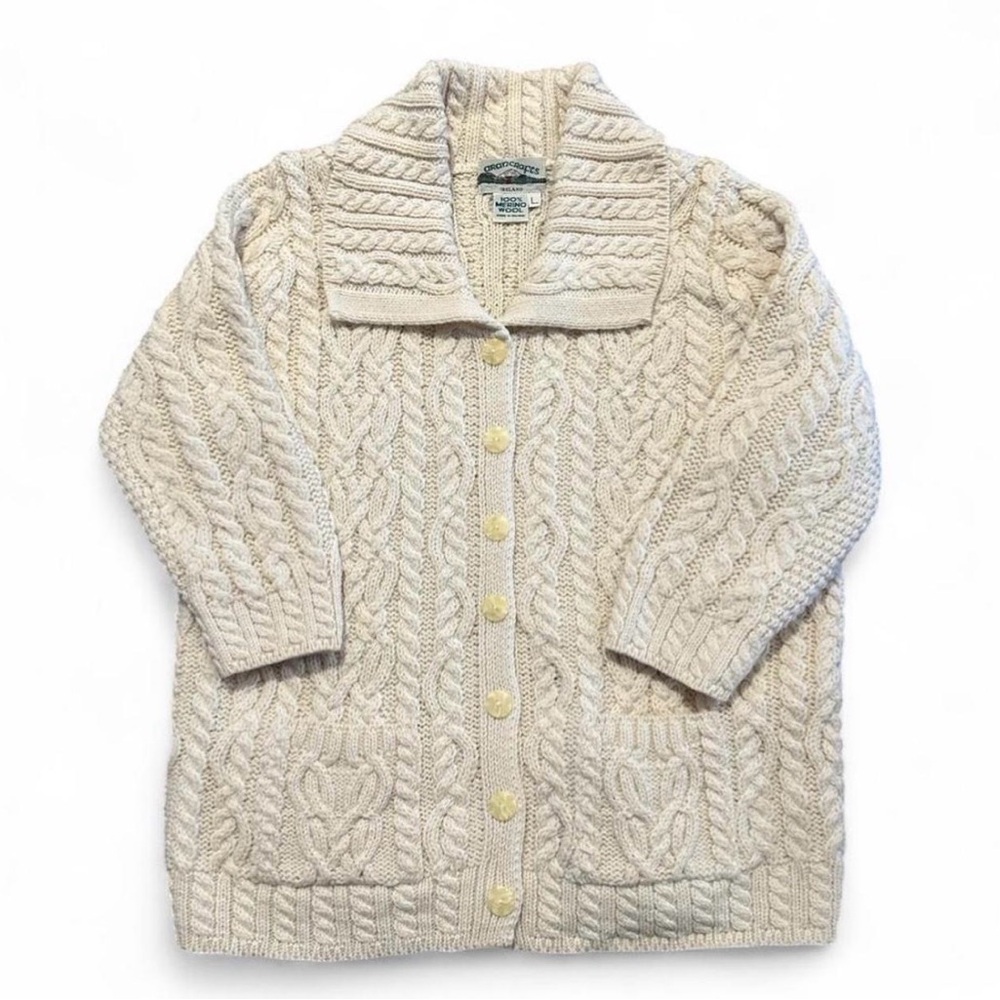 Aran Crafts Cream Cable Knit Cardigan 100% Merino Wool Made in Ireland